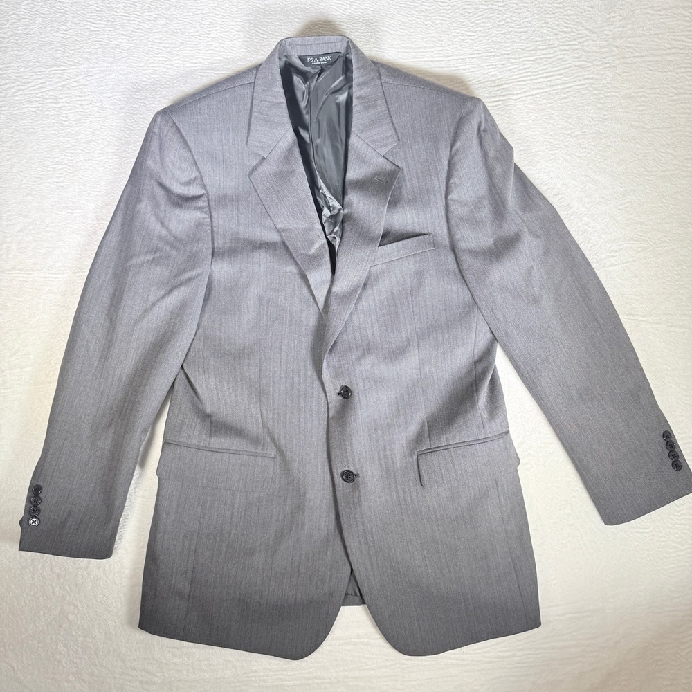 JOE BANK Mens Grey Herringbone Suit Jacket Blazer Two Button Wool Blend Size 42L
